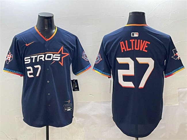 Men's Houston Astros #27 Jose Altuve Navy 2025 City Connect With Texas Patch Limited Stitched Baseball Jersey